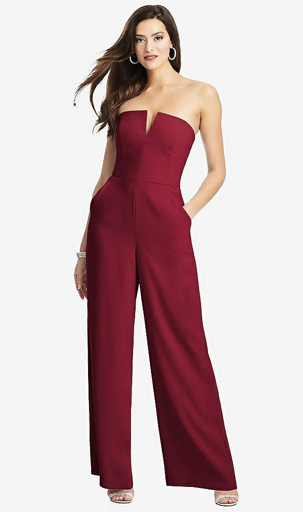 Front View - Burgundy Strapless Notch Crepe Jumpsuit with Pockets