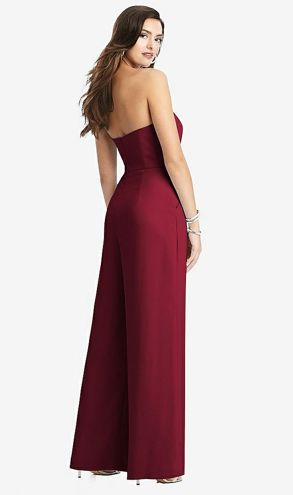 Back View - Burgundy Strapless Notch Crepe Jumpsuit with Pockets