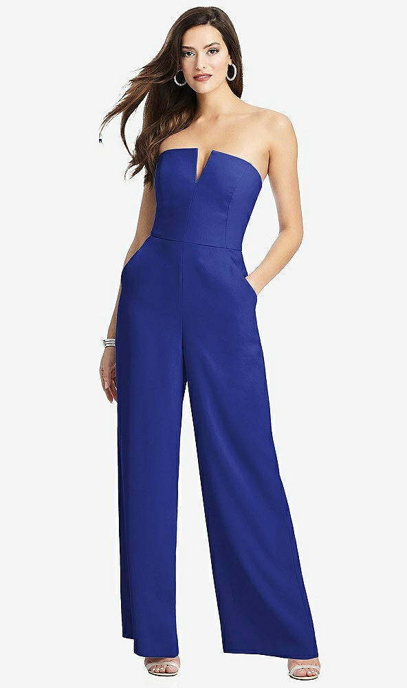 Front View - Cobalt Blue Strapless Notch Crepe Jumpsuit with Pockets