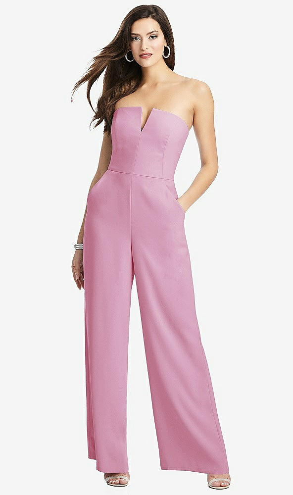 Front View - Powder Pink Strapless Notch Crepe Jumpsuit with Pockets