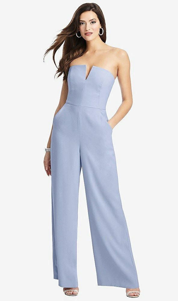 Front View - Sky Blue Strapless Notch Crepe Jumpsuit with Pockets