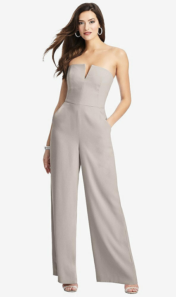 Front View - Taupe Strapless Notch Crepe Jumpsuit with Pockets
