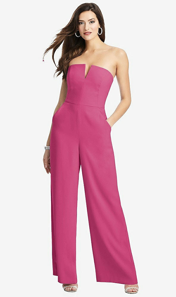 Front View - Tea Rose Strapless Notch Crepe Jumpsuit with Pockets