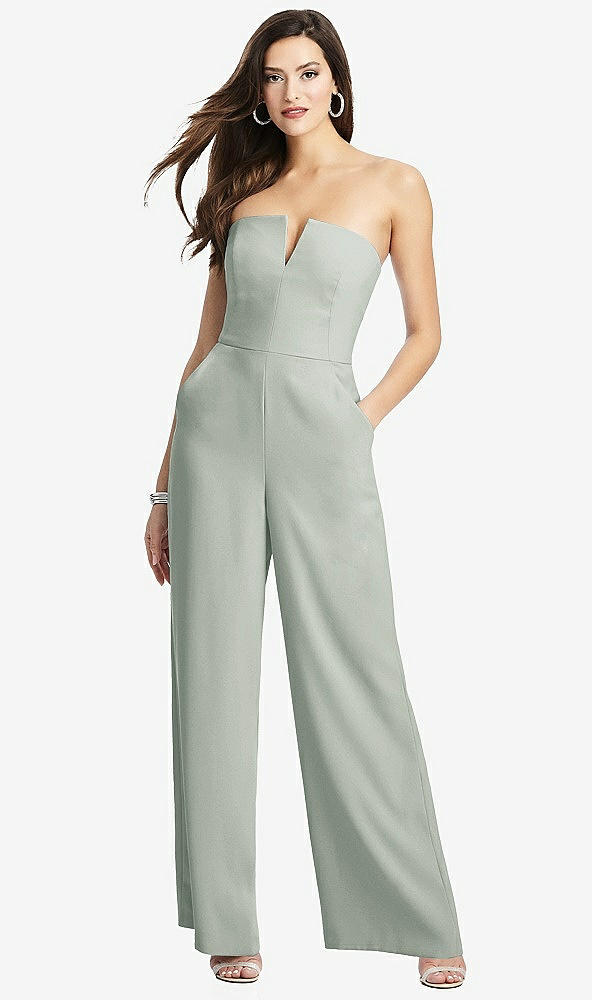Front View - Willow Green Strapless Notch Crepe Jumpsuit with Pockets