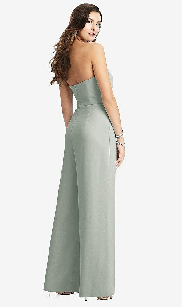 Back View - Willow Green Strapless Notch Crepe Jumpsuit with Pockets