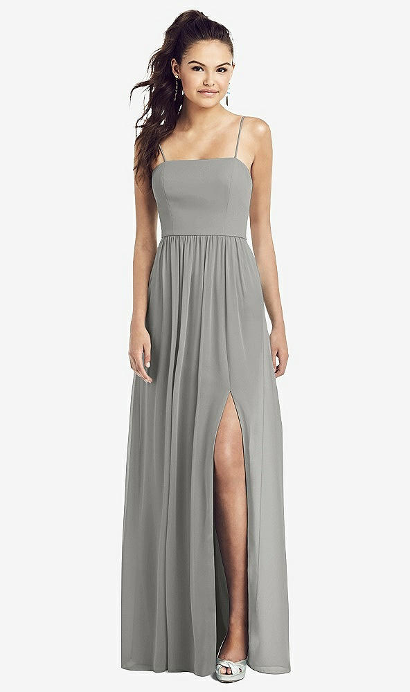 Front View - Chelsea Gray Slim Spaghetti Strap Chiffon Dress with Front Slit 