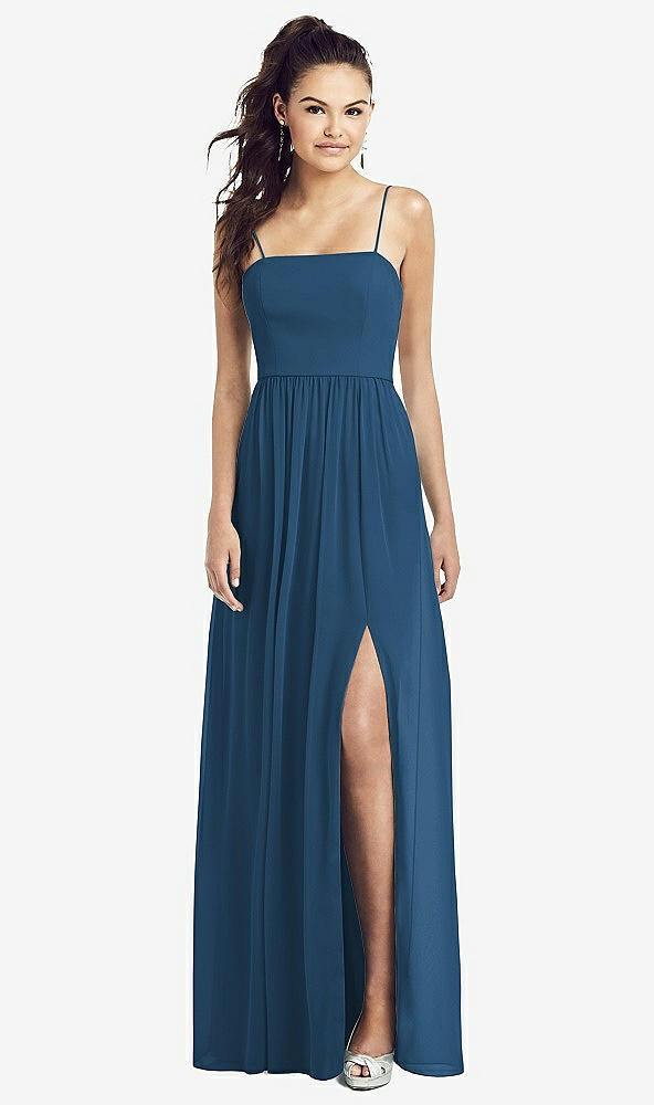 Front View - Dusk Blue Slim Spaghetti Strap Chiffon Dress with Front Slit 