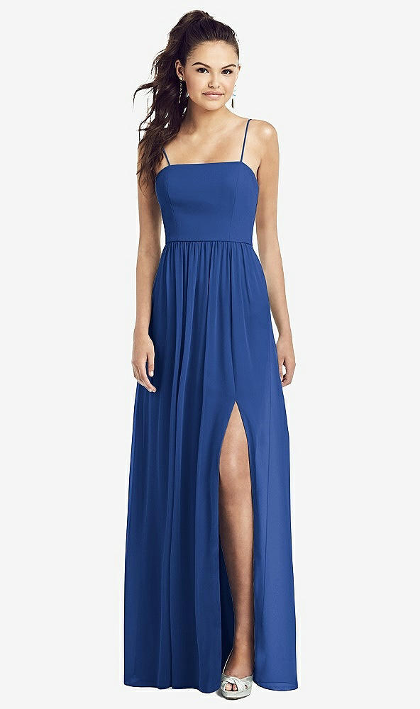 Front View - Classic Blue Slim Spaghetti Strap Chiffon Dress with Front Slit 