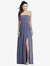 Front View Thumbnail - French Blue Slim Spaghetti Strap Chiffon Dress with Front Slit 