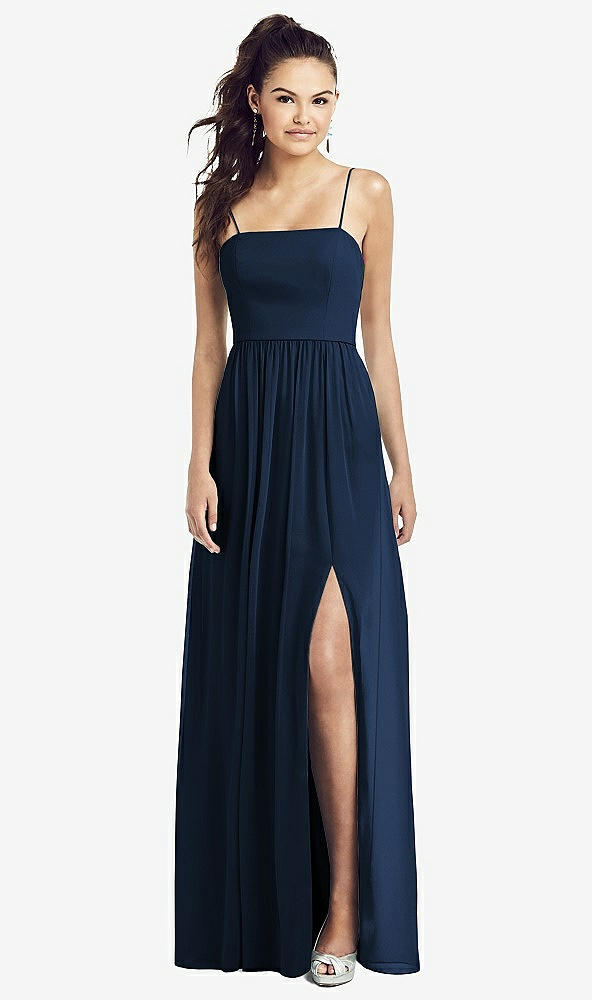 Front View - Midnight Navy Slim Spaghetti Strap Chiffon Dress with Front Slit 