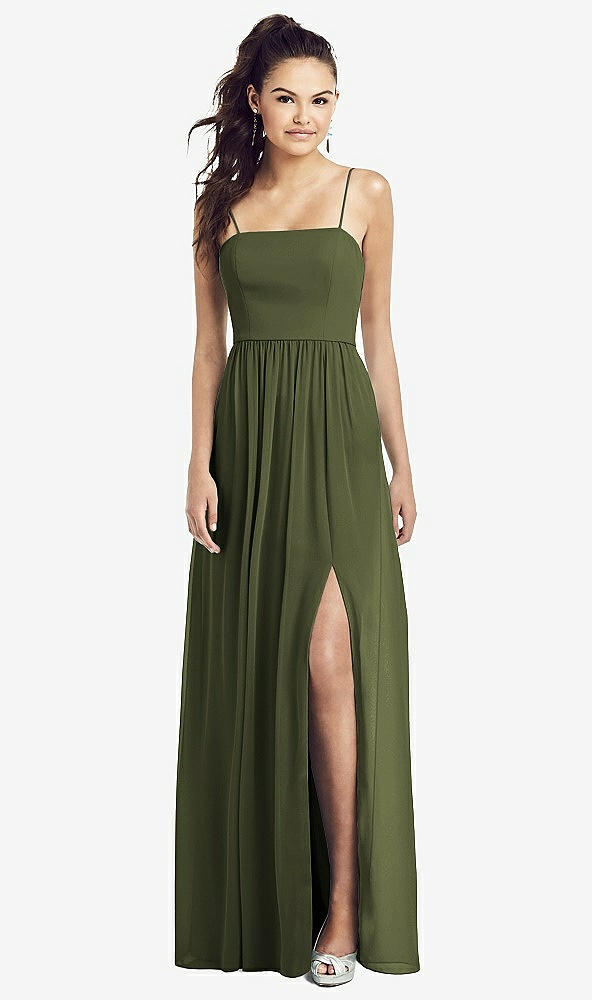 Front View - Olive Green Slim Spaghetti Strap Chiffon Dress with Front Slit 