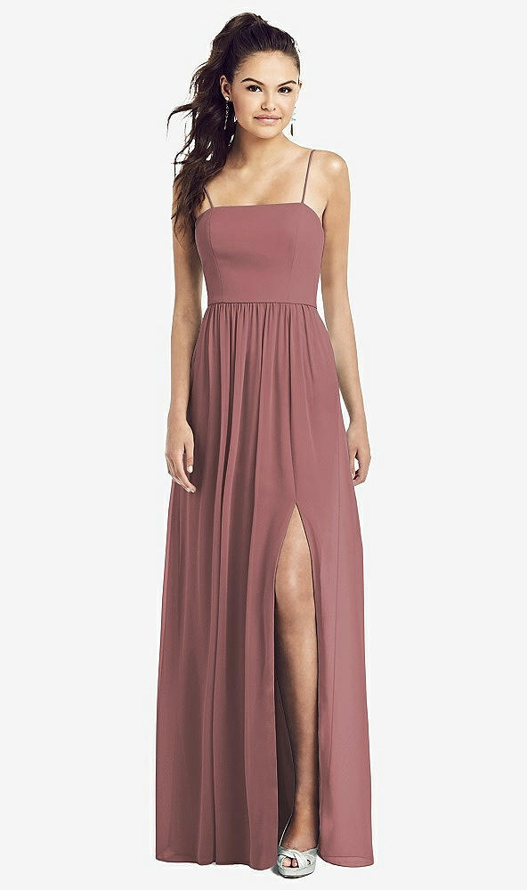 Front View - Rosewood Slim Spaghetti Strap Chiffon Dress with Front Slit 