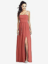 Front View Thumbnail - Coral Pink Slim Spaghetti Strap Chiffon Dress with Front Slit 