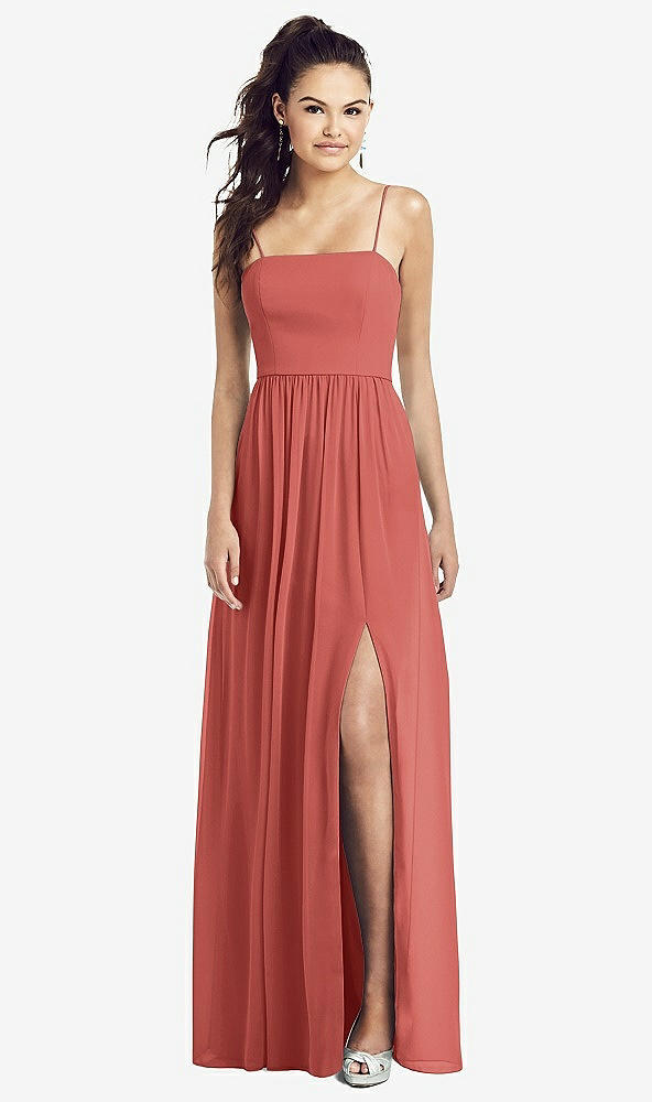 Front View - Coral Pink Slim Spaghetti Strap Chiffon Dress with Front Slit 