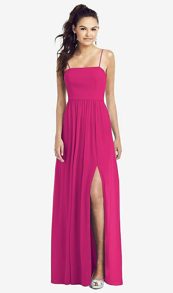 Front View - Think Pink Slim Spaghetti Strap Chiffon Dress with Front Slit 