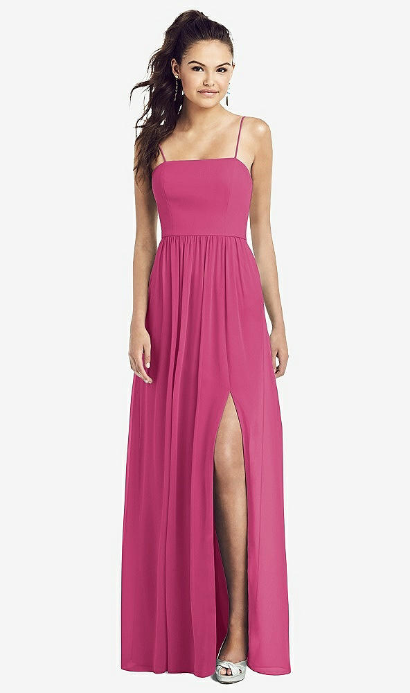 Front View - Tea Rose Slim Spaghetti Strap Chiffon Dress with Front Slit 