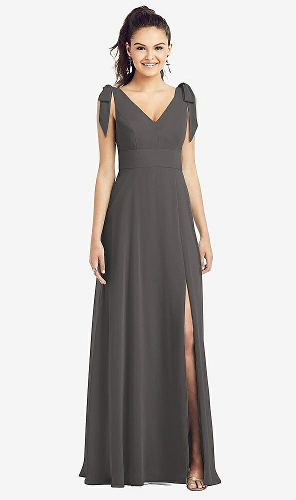 Front View - Caviar Gray Bow-Shoulder V-Back Chiffon Gown with Front Slit