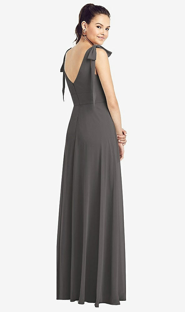 Back View - Caviar Gray Bow-Shoulder V-Back Chiffon Gown with Front Slit
