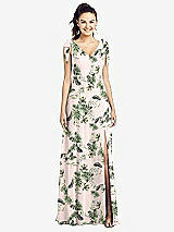 Front View Thumbnail - Palm Beach Print Bow-Shoulder V-Back Chiffon Gown with Front Slit