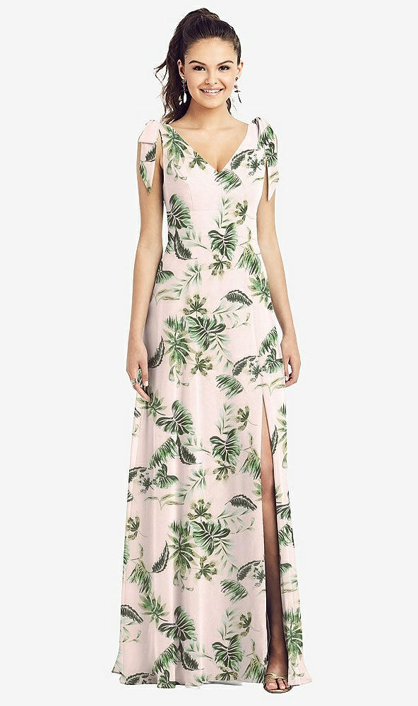 Front View - Palm Beach Print Bow-Shoulder V-Back Chiffon Gown with Front Slit