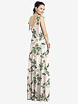 Rear View Thumbnail - Palm Beach Print Bow-Shoulder V-Back Chiffon Gown with Front Slit