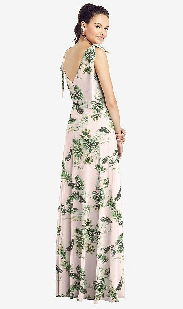 Back View - Palm Beach Print Bow-Shoulder V-Back Chiffon Gown with Front Slit