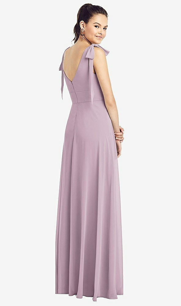Back View - Suede Rose Bow-Shoulder V-Back Chiffon Gown with Front Slit