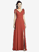 Front View Thumbnail - Amber Sunset Bow-Shoulder V-Back Chiffon Gown with Front Slit