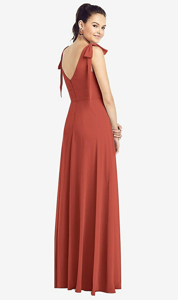 Back View - Amber Sunset Bow-Shoulder V-Back Chiffon Gown with Front Slit