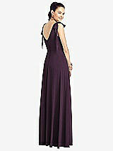 Rear View Thumbnail - Aubergine Bow-Shoulder V-Back Chiffon Gown with Front Slit