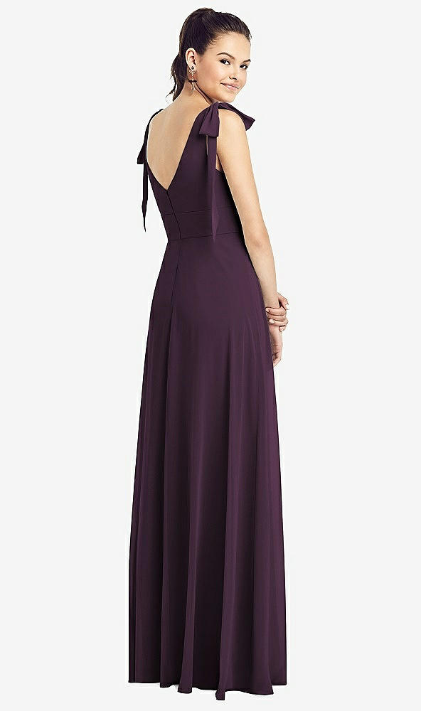 Back View - Aubergine Bow-Shoulder V-Back Chiffon Gown with Front Slit