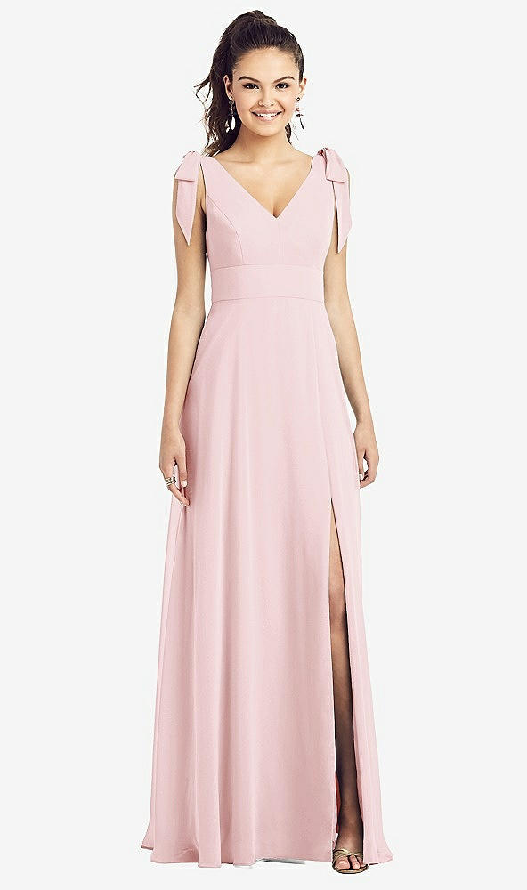 Front View - Ballet Pink Bow-Shoulder V-Back Chiffon Gown with Front Slit