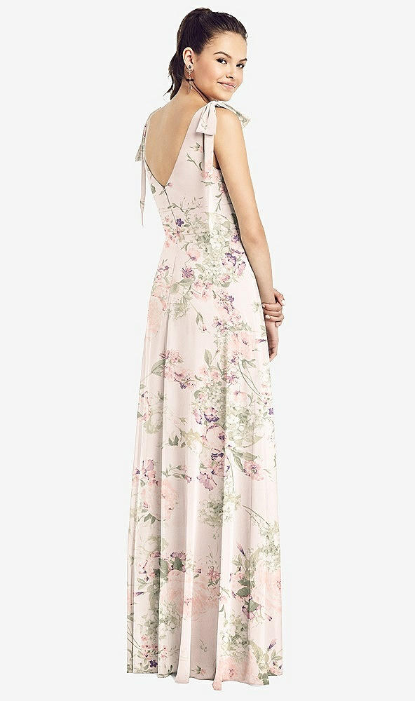 Back View - Blush Garden Bow-Shoulder V-Back Chiffon Gown with Front Slit