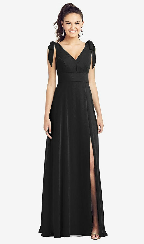 Front View - Black Bow-Shoulder V-Back Chiffon Gown with Front Slit