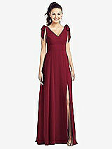 Front View Thumbnail - Burgundy Bow-Shoulder V-Back Chiffon Gown with Front Slit