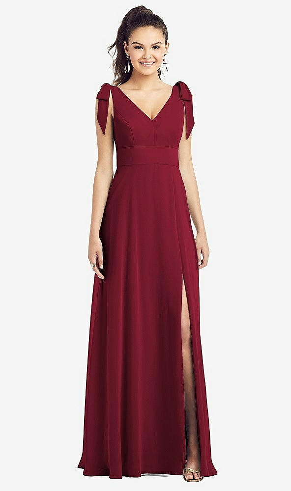 Front View - Burgundy Bow-Shoulder V-Back Chiffon Gown with Front Slit