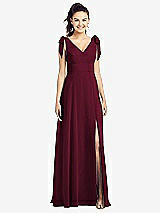 Front View Thumbnail - Cabernet Bow-Shoulder V-Back Chiffon Gown with Front Slit