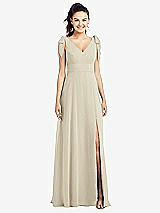 Front View Thumbnail - Champagne Bow-Shoulder V-Back Chiffon Gown with Front Slit