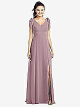 Front View Thumbnail - Dusty Rose Bow-Shoulder V-Back Chiffon Gown with Front Slit