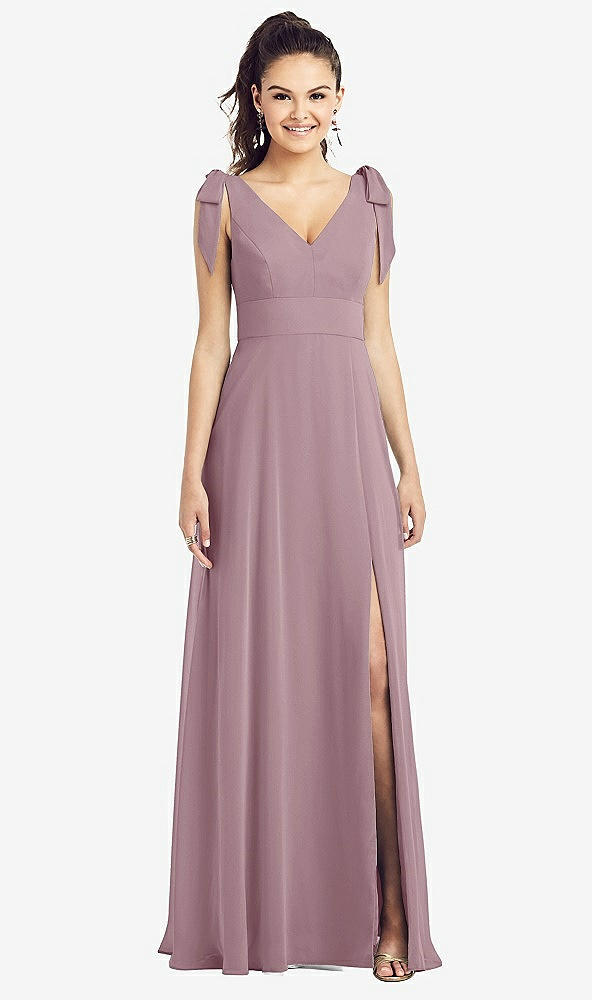 Front View - Dusty Rose Bow-Shoulder V-Back Chiffon Gown with Front Slit