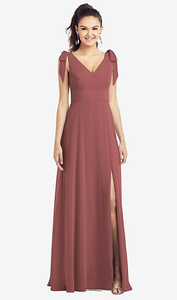 Front View - English Rose Bow-Shoulder V-Back Chiffon Gown with Front Slit