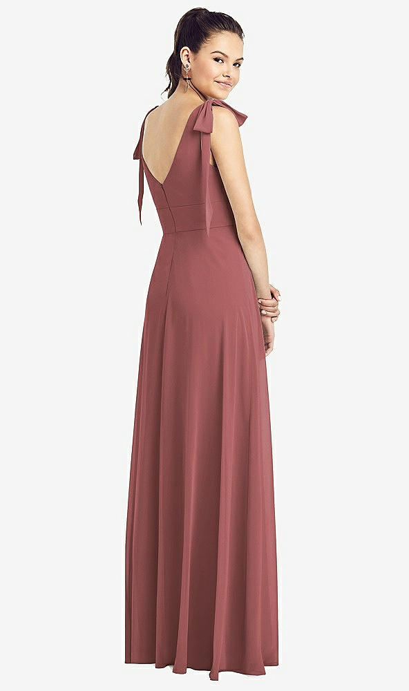 Back View - English Rose Bow-Shoulder V-Back Chiffon Gown with Front Slit