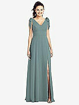 Front View Thumbnail - Icelandic Bow-Shoulder V-Back Chiffon Gown with Front Slit