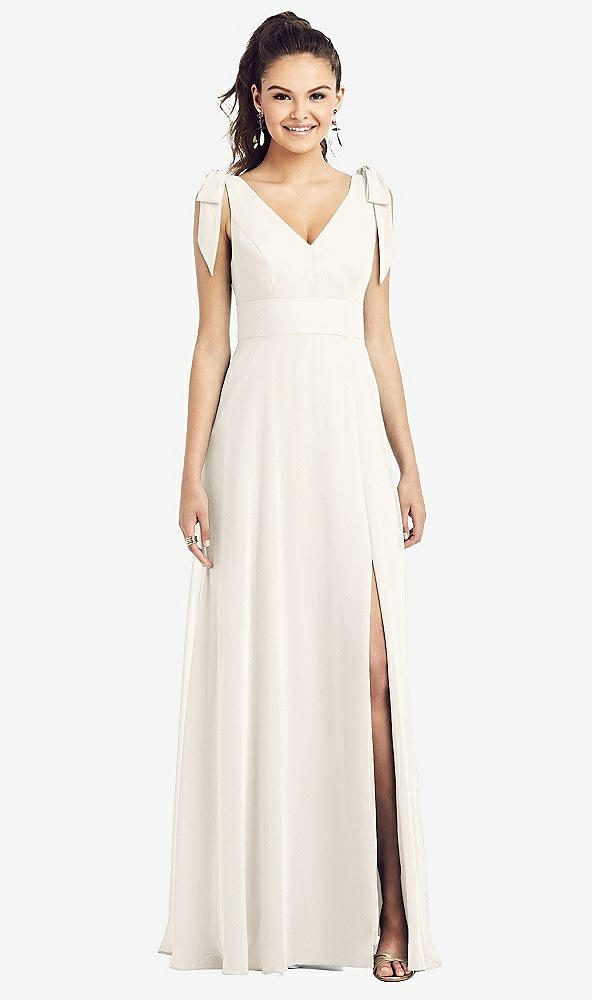 Front View - Ivory Bow-Shoulder V-Back Chiffon Gown with Front Slit