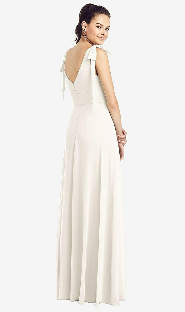 Back View - Ivory Bow-Shoulder V-Back Chiffon Gown with Front Slit
