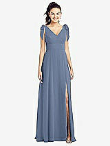 Front View Thumbnail - Larkspur Blue Bow-Shoulder V-Back Chiffon Gown with Front Slit