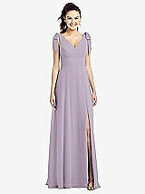 Front View Thumbnail - Lilac Haze Bow-Shoulder V-Back Chiffon Gown with Front Slit