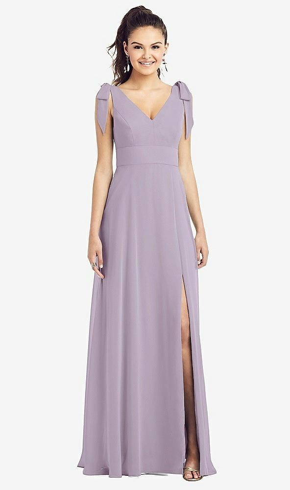Front View - Lilac Haze Bow-Shoulder V-Back Chiffon Gown with Front Slit