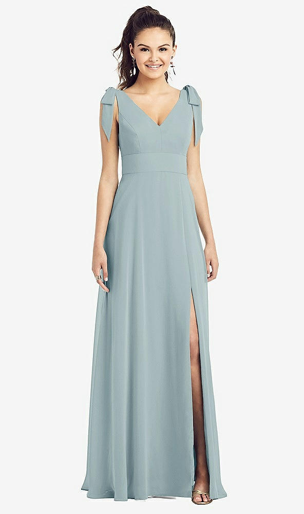 Front View - Morning Sky Bow-Shoulder V-Back Chiffon Gown with Front Slit