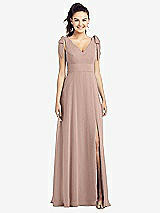 Front View Thumbnail - Neu Nude Bow-Shoulder V-Back Chiffon Gown with Front Slit